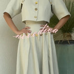 Custom Look Linen Blend Unique Metal Pattern Buttons Lace-up Waist Crisp Hem Maxi Skirt