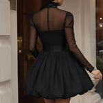 Black Tulle Accent Puff Skirt Mini Dress