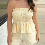 Striped Printed Sleeveless Off-shoulder Ruched Top and Elastic Waist Casual Pocket Shorts Set