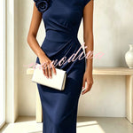 Elegant Solid Color Floral Embellished Pleated Waist Short Sleeve Midi Dress