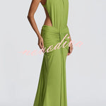Thekla Stretch Slinky Jersey High Neck Ruched Backless Drape Maxi Dress