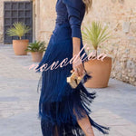 Elegant Night V-Neck Long Sleeve Layered Tassel Hem Maxi Dress