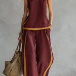Linen Blend Color-blocked Round Neck Sleeveless Loose Top and Elastic Waist Casual Pocket Wide-leg Pants Set