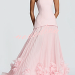 Serafina Strapless Back Lace-up Handcrafted Floral Appliqués Pleated Hem Gown Maxi Dress