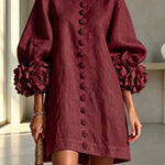 Rima Linen Blend Flowers Button Down Floral Cuffs Half Sleeve Mini Dress