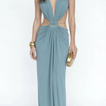 Athena Metal-Link Cutout Design Back Lace-up Drape Maxi Dress