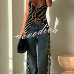 Zebra Print V-neck Camisole Long Mesh Top