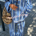 Althea Striped Print Lace-up Neck Long Sleeve Top and Elastic Waist Pocket Lantern Pants Set