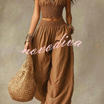 Olive Gypsy  pleated crop top and high-waisted wide-leg pants set