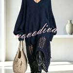 Knit V-neck Long Sleeve Asymmetrical Cut-out Detail Hem Loose Sweater Midi Dress