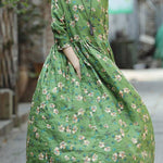 2018 green print natural linen dress Loose fitting O neck linen clothing dresses 2018 Three Quarter sleeve baggy dresses