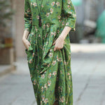 2018 green print natural linen dress Loose fitting O neck linen clothing dresses 2018 Three Quarter sleeve baggy dresses