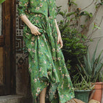 2018 green print natural linen dress Loose fitting O neck linen clothing dresses 2018 Three Quarter sleeve baggy dresses