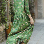 2018 green print natural linen dress Loose fitting O neck linen clothing dresses 2018 Three Quarter sleeve baggy dresses