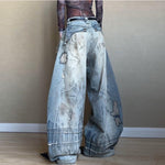 Stitch Embroidery Dyed Denim Loose Wide Leg Scimitar Pants