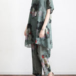 2025 New Loose Green Print Short Sleeve Shirt Casual Pants Linen Set