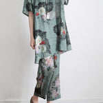 2025 New Loose Green Print Short Sleeve Shirt Casual Pants Linen Set