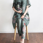 2025 New Loose Green Print Short Sleeve Shirt Casual Pants Linen Set