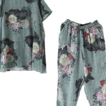 2025 New Loose Green Print Short Sleeve Shirt Casual Pants Linen Set