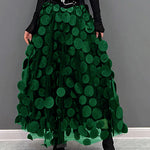 Elegant Dark Green Dot Patchwork Tulle Skirt Fall