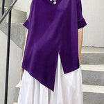 Unique black cotton clothes o neck asymmetric summer shirt