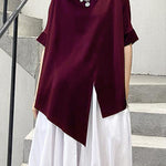 Unique black cotton clothes o neck asymmetric summer shirt