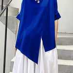 Unique black cotton clothes o neck asymmetric summer shirt