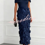 Classic 3D Floral Embroidery Off The Shoulder Short Sleeve Sheath Midi Dress