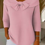Women's Solid Color Round Neck 3/4 Sleeve Bow Casual Knit Pullover