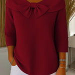 Women's Solid Color Round Neck 3/4 Sleeve Bow Casual Knit Pullover