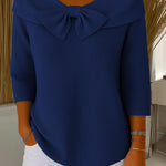 Women's Solid Color Round Neck 3/4 Sleeve Bow Casual Knit Pullover