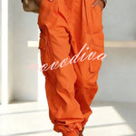 Street Style Solid Color High Waist Pocketed Loose Fit Cargo Pants