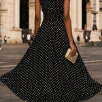 Polka Dot Print Round Neck Sleeveless Pleated Waist Casual Maxi Dress