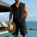 KZZ Loose-Fit, Breathable Linen Summer Set: Hooded Sleeveless Shirt & Cargo Shorts