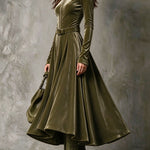 Vintage Olive Green Zip-Front Velvet Maxi Dress (Belt Included)