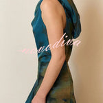 Ione Chiffon Ombr¨¦ Print Cowl Neck Top and High Rise Maxi Skirt Set with Scarf