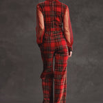 Retro Long-sleeved Mesh Red And Green Plaid Velvet Wide-leg Jumpsuit