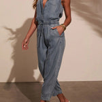 Stylish Collared Sleeveless Elastic Waist Tie Casual Pocket Denim Jumpsuit