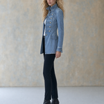 Blue Denim Military Jacket Double-Breasted Stand Collar Long Coat