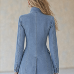 Blue Denim Military Jacket Double-Breasted Stand Collar Long Coat