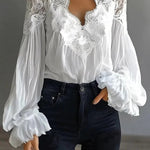 Fashionable Patchwork Lace V-neck Puff Sleeve Loose Shirt