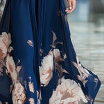 Floral Print Patchwork Mesh Long-sleeved V-neck Fitted Waist Maxi Dress