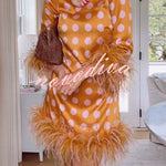 Playful and Cute Satin Polka Dot Print Half Sleeve Feather Trim H-line Mini Dress