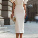 Solid Color Round Neck Ruffle Sleeve Elegant Slim-fit Midi Dress