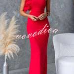 Fashionable Mesh Sleeveless One-shoulder Waist-revealing Maxi Dress