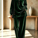 Velvet Button Detail Shirt Neck Top and Elastic Waist Pocket Wide Leg Pants Set