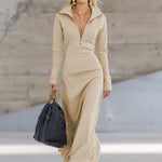 Elegant Retro Sporty V-neck Front Zipper Long-sleeved Pink Maxi Dress