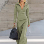Elegant Retro Sporty V-neck Front Zipper Long-sleeved Pink Maxi Dress