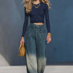 Casual Fashion Gradient Washed Denim Blue Gray Loose Pants