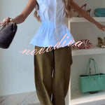 Devon Lapel Button Up Sleeveless Pleated Waist Flare Hem Shirt